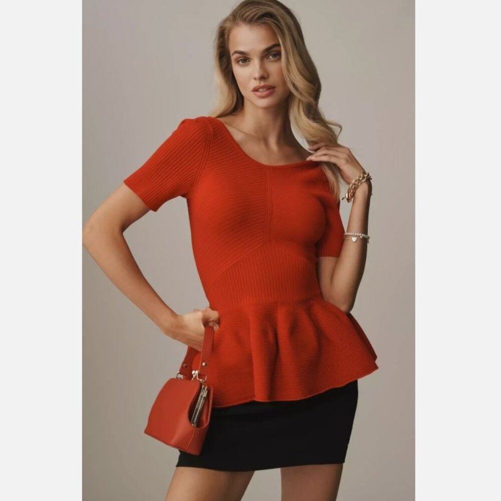 NWT Anthropologie Maeve Short Sleeve Peplum Sweater Knit Top Red Size S